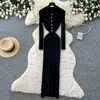 Vestido Tricot Elegante Estilo Retro para o Dia a Dia com Gola Lapela Botões Manga Longa Verão Cintura Marcada Saia Justa ao Corpo Afinando Temperamento