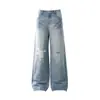 Nb117 High Street Americano Unissex Retrô High-End Design de Rasgos Lavados com Remendos Jeans Masculino Solto com Pernas Cruzadas