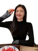 Tejido de hilo de núcleo, suéter de punto de cuello alto medio estilo francés, prenda base color block para mujer, adecuado para primavera, otoño e invierno