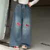 Calça Jeans Feminina 2026 Novo Estilo Primavera e Outono Estilosa Fashionável Crianças Médias e Grandes Versão Coreana Calça Jeans Bordada de Pernas Largas Tendência
