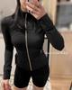 Ropa de Yoga de Alta Calidad con Tejido Cepillado, Cuello Alto, Mangas Largas y Cintura Ajustada, Combinada con una Chaqueta Deportiva para Correr de Ajuste Delgado y Amigable con la Piel