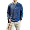 Camiseta Masculina Henley de Manga Longa Patchwork Escama de Dragão Estilo Old Money Outono Estilo Americano Moletom Top Casual Solto Confortável