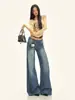 Roupas Femininas de Seda Laranja # Jeans Lavado Azul Escuro com Botão Duplo, Micro Flare Feminino para Outono, Calça Solta e Emagrecedora, Comprimento até o Chão que Não Gruda nas Pernas