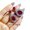 Pendientes de Zirconia de Color Ovalada de Rubí Geométrico de Lujo Ligero Pendientes Europeos y Americanos Pesados para Banquetes Pendientes Largos de Gama Alta