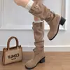 Botas de moda plisadas para mujer, tacón grueso, adelgazantes, botas largas versátiles, botas vaqueras, botas de caña alta para montar