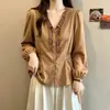 Ropa para Mujer Tallas Grandes 2026 Principios de Otoño Nuevo Diseño Cuello con Sentido Lunares con Cordones Cintura Ceñida Hombro Recto Manga Larga Top Pequeño