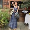 Vestido Estilo Coreano Suave Retro a Cuadros Diseño Adelgazante Nicho Atmósfera Elegante Azul Sin Mangas Cuello Halter Vestido Largo