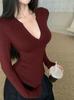 Playera de Hombro de Manga Larga con Cuello en V Azul Xizang para Mujer Otoño Ajustada Ceñida Camiseta Base Color Sólido Ajustada Interior