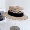 Chapéu de Palha de Topo Plano Tecido à Mão com Grama Langya para Mulheres, Chapéu de Palha para Férias na Praia de Verão, Chapéu de Sol Respirável com Trama Aberta para Proteção Solar, Moderno