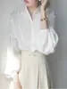 Camisa de Algodón con Rayas Verticales Oscuras Estilo Retro Francés, Cuello Alto Pequeño, Mangas de Linterna, Holgada, Moderna y Artística