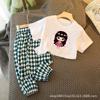 2022 Verano Nuevo Ropa Infantil Set para Bebé Niña Lindo Dibujo Animado Dos Piezas Moda Estilo Occidental Pantalones de Manga Corta de Seda Helada
