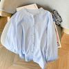 Item Popular de Alta Qualidade das Treze Linhas de Guangzhou ~ Camisa Listrada Azul para Mulheres com Design Francês, Camisa de Moda Solta e de Alto Padrão