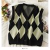 2025 Novo Cardigã Colete Color Block Xadrez Diamante Abotoamento Simples Outono e Inverno Feminino Curto Cor de Contraste Sem Mangas Tricotado