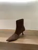 Botines de tacón alto, punta fina, gamuza, color caqui, corte ajustado, zapatos de mujer, nueva colección otoño/primavera 2025, botines cortos estilo coreano