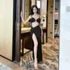 Falda Larga Blanca de Tirantes con Empalme de Malla Vestido Sexy para Discoteca Espalda Descubierta Escote Bajo Revela Piernas Vestido Ajustado Falda de Trabajo