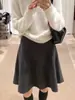 Falda de Lana a Cuadros Gris Oscuro Estilo Coreano de Cintura Alta para Mujer 2026 Invierno Estilo Perezoso Falda de Paraguas Línea A Falda Midi con Caída