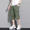 Pantalones cortos de algodón puro para hombre hasta la rodilla, ropa de trabajo fina de verano de 7 puntos, pantalones casuales holgados de cintura alta con elástico de longitud media