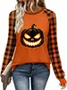 Camiseta Halloween Europeia e Americana Transfronteiriça Gola Redonda Manga Longa Feminina Manga Raglan Bloco de Cores Estampa Casual Solta