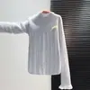 Top de punto para mujer con lazo y ribete de encaje, cuello semi alto, rosa, estilo único, hermoso y juvenil