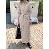 Foto Real de um Vestido Camisa Longo Slimming de Renda de Alta Qualidade Estilo Francês com Cadarço na Cintura, Saia de Comprimento Médio, Roupa Feminina Estilo Coreano