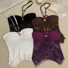 Top de tirantes con cuentas estilo chica hot retro americano con espalda descubierta sexy y top corto de malla con retazos