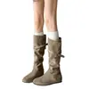 Couro Macio~Salto Escondido Amassado Empilhado Botas Longas Femininas Retrô Outono Novo Cano Alto Botas Longas de Duas Vias Botas de Equitação