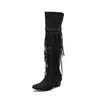 Outono Inverno 2026 Europeu e Americano Simples Franja Salto Grosso Rebite Camurça Patchwork Retrô Botas Femininas Novas Botas Acima do Joelho Botas de Moda