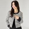Elegante Top Corto Tejido con Bloques de Color y Cuello Redondo Estilo Commuter Chaqueta Corta Gris Estilo Chanel para Mujer 15552