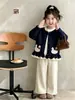 Ropa para niñas Aekyung, lindo conjunto de punto con conejito de lunares, chaqueta suéter con volantes y pantalones de pierna ancha conjunto de dos piezas