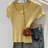 Top de punto coreano fresco y sedoso, de cuello redondo, tejido de ochos, de manga corta para mujer, top liso de color sólido, corte ajustado, para verano