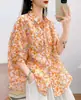 Camisa de Lino con Estampado Floral Pequeño Estilo Retro Artístico de Manga Media, Top Casual Holgado Elegante para Mujer