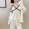 Conjunto de Tres Piezas de Terciopelo con Lunares para Isla, con Mangas Largas, Pantalones Largos, Camisola de Pijama con Cuello en V, Conjunto de Ropa de Casa Suave y Femenino