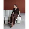 Vestido de malha com gola marrom texturizada de manga comprida para mulheres, vestido longo básico para outono e inverno