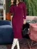 Moda Europeia e Americana Gola V Manga Longa Tricô Cor Sólida Solto Vestido Saia Outono e Inverno Peça Básica