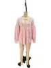 2026 Blusa Casual Feminina Patchwork de Renda Europeia e Americana com Decote V Cor Sólida Franzida Estilo Férias Mangas Bufantes Camada