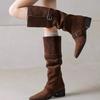Botas Western Cowboy de Salto Grosso com Fivela de Cinto, Botas de Equitação Altas até o Joelho para Mulheres, Novo Estilo Inverno 2025, Botas Marrons
