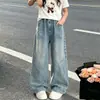 Jeans holgados de cintura alta para niña, nuevo estilo de otoño, con una silueta fluida, piernas anchas y adornados con brillantes pedrería, cómodos y estilizan, adecuados para primavera y otoño