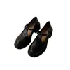 Zapatos retro Mary Jane de cuero suave con estampado de camelia y tacón grueso, mocasines negros de suela gruesa para mujer con punta redonda, adecuados para ir al trabajo
