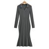 Vestido longo de gola polo europeu e americano, estilo "hot girl", justo, afina a silhueta, estilo sereia, vestido de manga longa para usar por baixo, feminino