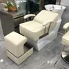 Nueva y moderna cama de champú de salón con lavabo cerámico profundo, cama de lavado semi-reclinable de acero inoxidable para salones de peluquería