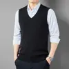 Chaleco de lana pura para hombre para otoño e invierno, cuello en V, sin mangas, adecuado para papás, talla grande, chaleco de punto, chaleco de lana