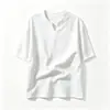 Estilo Old Money Verão Novo Top Masculino com Aparência de Linho, Leve e Respirável, Camiseta de Manga Curta com Decote V Pequeno, Camiseta de Manga Meia-Manga Tamanho Grande, Tendência
