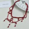 Collar de Borla con Cuentas de Cristal Rojo Dulce, Fresco, de Moda y Exquisito para Mujer, Collar Elegante de Nicho, Cadena para Clavícula de Gama Alta