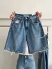Shorts de mezclilla rotos para mujer, estilo fino de verano, corte holgado, talla grande, adelgazantes, de cintura alta, línea A, pierna recta vintage, shorts hasta la rodilla