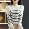 Nuevo suéter de punto 100% algodón de otoño para mujer, camiseta básica de rayas con bloques de color y cuello redondo, top fino versátil para mujer