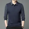 Tendência de Moda Masculina Outono e Primavera 2025 Camisa Polo Casual de Manga Longa Camiseta Listrada de Gola Dobrável para Homens de Negócios de Alto Padrão