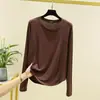 Nueva Camiseta Base de Modal con Cuello Redondo, Manga Larga, Efecto Adelgazante, Patchwork para Mujer, Top de Color Sólido para Primavera y Otoño, Camiseta de Manga Larga Ajustada Talla Grande para Mujer