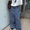 Pantalones de pierna ancha holgados de cuadros retro americano, corte limpio, versátiles para ir al trabajo, multibotón, tiro medio, pantalones casuales unisex