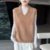 Chaleco de punto sin mangas con cuello polo 100% lana pura para mujer, estilo old money, prenda exterior holgada y cálida