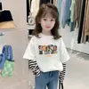 Nova Camiseta Top de Manga Longa Color Block de Algodão Puro para Primavera e Outono para Meninos e Meninas, Camiseta Base Estilosa Falsa de Duas Peças